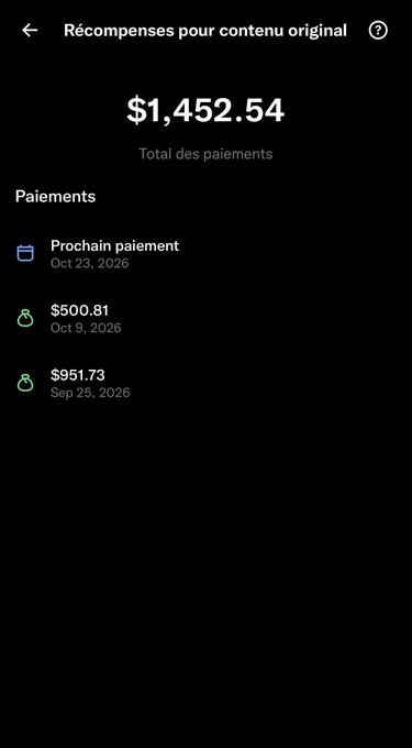 A French mobile app screenshot showing 'Récompenses pour contenu original' with a total payment of $1,452.54 and payment history including $500.81 and $951.73.