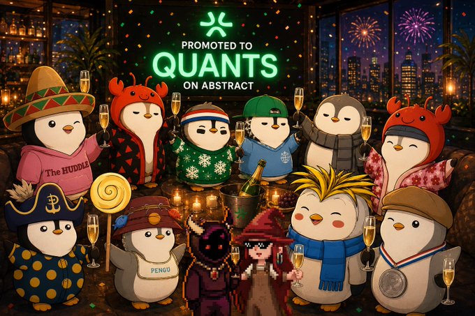 A celebratory illustration of cartoon penguins in various costumes toasting with champagne under a neon sign reading 'PROMOTED TO QUANTS ON ABSTRACT,' with characters labeled 'The HUDDLE' and 'PENGU' in a city skyline setting with fireworks.