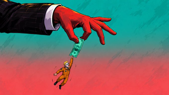 A satirical illustration showing a large hand in a business suit giving a small bill to a tiny clown-like figure in an orange jumpsuit, set against a red and teal gradient background.