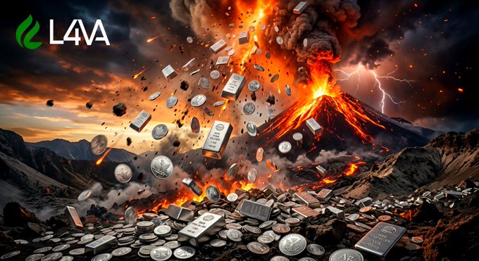 A dramatic promotional graphic features an erupting volcano spewing silver bars and coins, with the 'L4MA' logo in the corner.