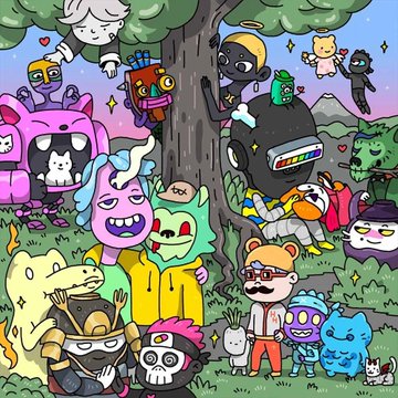 Colorful cartoon illustration featuring a large group of various meme characters, bears, cats, and creatures gathered around and on a tree in a vibrant forest setting.