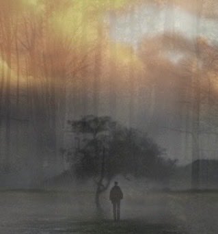 A moody, atmospheric painting showing a lone silhouetted figure standing beside a small tree in a misty forest illuminated by golden light breaking through clouds.