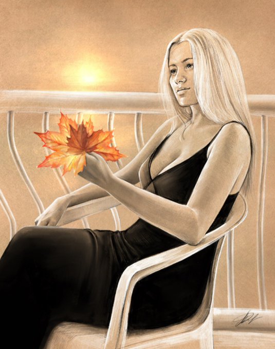 A pencil-style digital drawing depicts a blonde woman in a black dress seated in a white chair, holding an autumn leaf against a warm sunset backdrop.