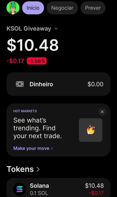 Mobile app screen displaying a KSOL Giveaway of $10.48 (down 1.56%), featuring wallet balance, Hot Markets section, and a Solana token listing.