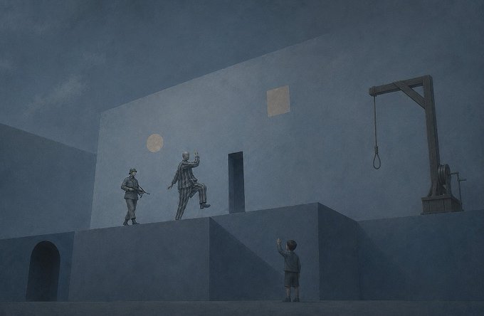 A surreal blue-toned painting depicts an execution scene where a striped figure salutes a guard before being hanged by a gallows, while a small boy waves from below the platform.