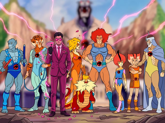An AI-generated parody image shows the ThunderCats characters reimagined as adults in human-like attire, standing in front of their iconic floating castle.