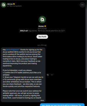 A chat conversation screenshot from what appears to be Arca, showing an initial message 'Hey ___ ... thanks for signing up for the Arca waitlist!', followed by a message from a user about being interested in adding to positions, and a reply from JPSteinhauser explaining that Arca is bringing automated rebalancing and that they are actively looking into adding Sei to their waitlist options.