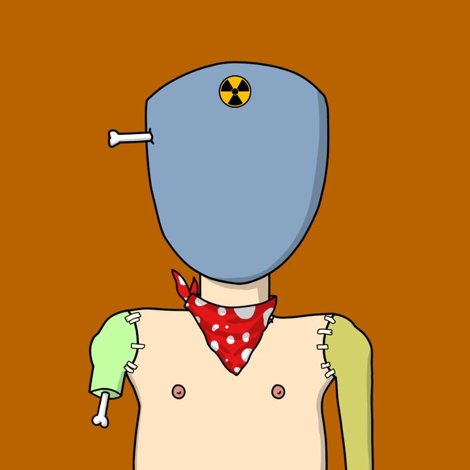 A cartoonish drawing of a figure with a grey, featureless head bearing a nuclear hazard symbol, wearing a red polka-dot bandana and a stitched-together shirt with exposed bone.