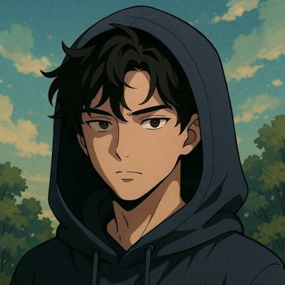 An anime-style illustration of a young man wearing a dark blue hoodie, set against a backdrop of trees and a cloudy sky.