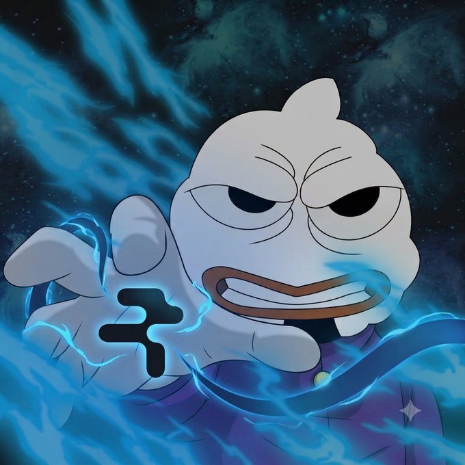 Cartoon ghost-like character with an angry expression wielding blue energy flames, with a stylized 'F' or cross-like symbol glowing on its chest.