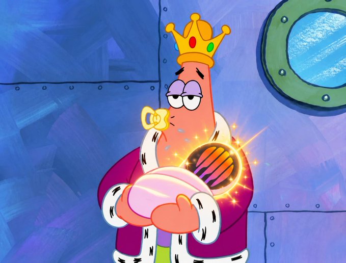 Patrick Star, wearing a crown and royal robe, holds a glowing striped orb in an animated underwater scene.