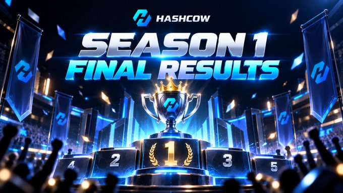 A promotional graphic for 'HASHCOW SEASON 1 FINAL RESULTS' featuring a gold trophy with the number 1 on a podium with places 1-5, set against a blue esports stadium background with a crowd silhouette.