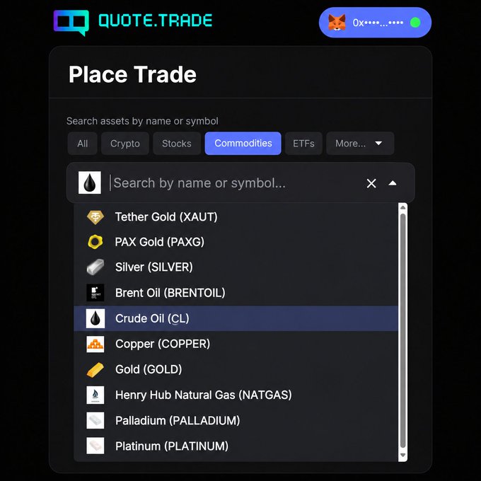 Screenshot of Quote.Trade's "Place Trade" interface on XDC Network, showing the Commodities category dropdown menu with tradable assets including Tether Gold (XAUT), PAX Gold (PAXG), Silver (SILVER), Brent Oil (BRENTOIL), Crude Oil (CL), Copper (COPPER), Gold (GOLD), Henry Hub Natural Gas (NATGAS), Palladium (PALLADIUM), and Platinum (PLATINUM).