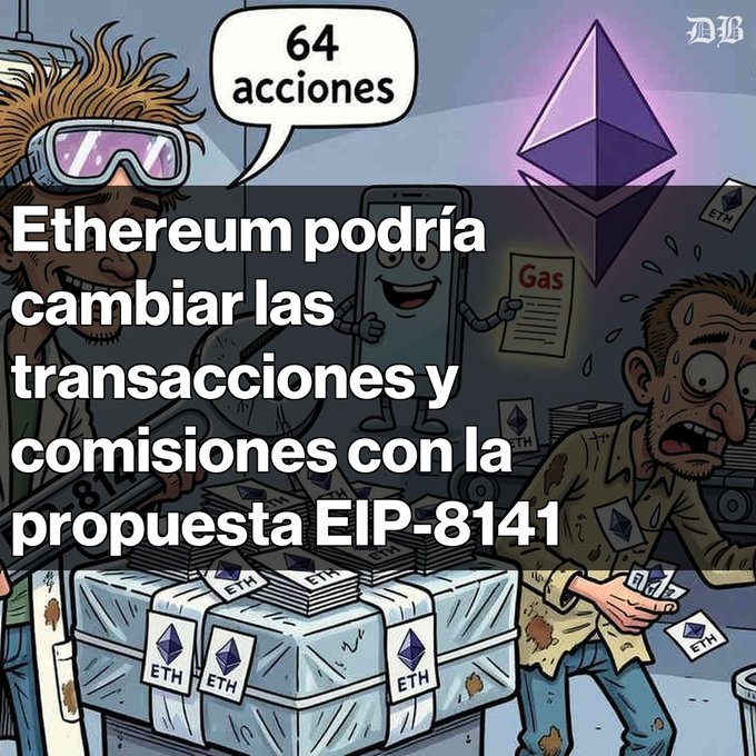 A Spanish-language graphic about cryptocurrency with text reading "64 acciones" and "Ethereum podría cambiar las transacciones y comisiones con la propuesta EIP-8141," set against a cartoon illustration of characters dealing with ETH coins and gas fees.