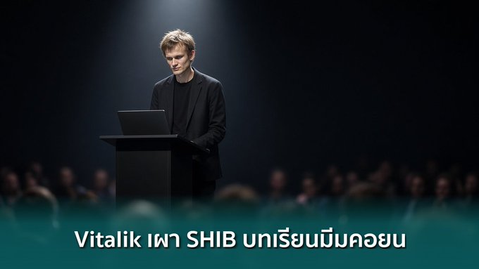 A man with blond hair stands at a podium with a laptop, addressing an audience in a darkened venue under a spotlight. The Thai caption "Vitalik เผา SHIB บทเรียนมีมคอยน์" (Vitalik burns SHIB, a lesson on meme coins) appears at the bottom, tying the image to a post about Vitalik Buterin's infamous burning of SHIB tokens.