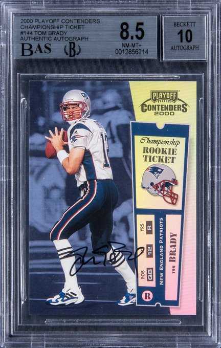 A graded 2000 Playoff Contenders Championship Ticket #144 Tom Brady rookie autograph card, rated NM-MT+ 8.5 by BAS with a Beckett 10 autograph grade. This is the historic card that sold for $1.7M via Litecoin on Goldin Auctions in 2021, marking a milestone moment where cryptocurrency was used to purchase high-end sports memorabilia.