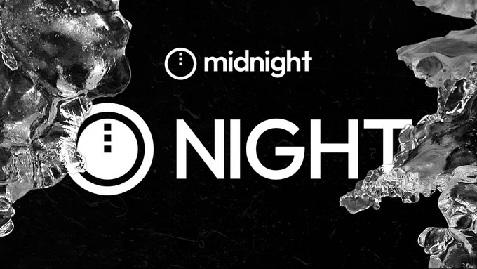 A promotional graphic for the Midnight network displays the word "NIGHT" prominently alongside the Midnight logo against a black background with icy, crystalline formations on either side, visually representing the network's NIGHT token referenced in the post about low holder numbers despite Cardano's large staking base.