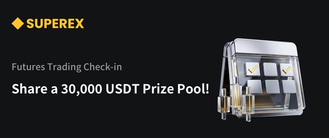 The image is a promotional banner for SUPEREX featuring a "Futures Trading Check-in" challenge with a 30,000 USDT prize pool, displayed alongside a 3D illustration of a transparent glass vault with checkmarks and gold bars, symbolizing the rewards users can win by participating in the challenge from July 15 to July 25.