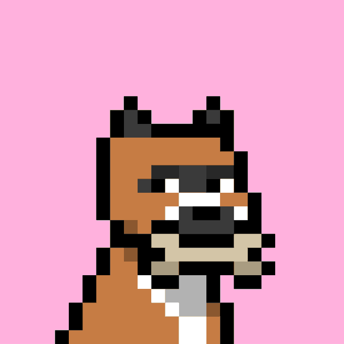 A pixel art illustration of an orange dog or fox character with black ears, white muzzle, and cream-colored paws against a solid pink background.