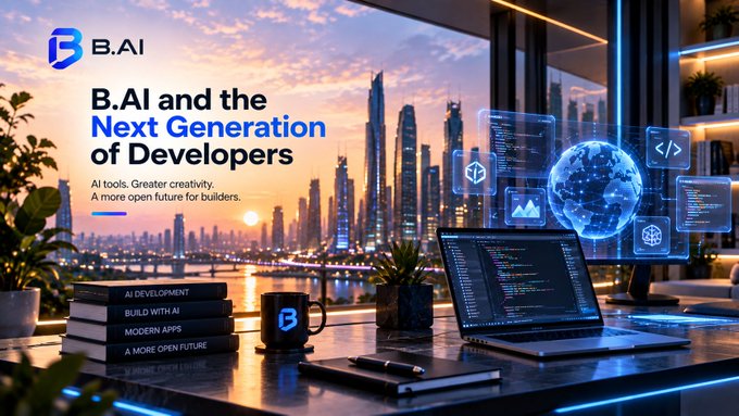 A promotional graphic for B.AI featuring the text 'B.AI and the Next Generation of Developers' alongside imagery of a modern city skyline, a laptop with code, and stacked books labeled 'AI DEVELOPMENT', 'BUILD WITH AI', 'MODERN APPS', and 'A MORE OPEN FUTURE'.