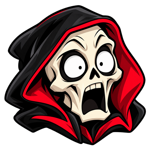 A cartoon illustration of a surprised skull wearing a black and red hooded cloak with wide eyes and an open mouth.
