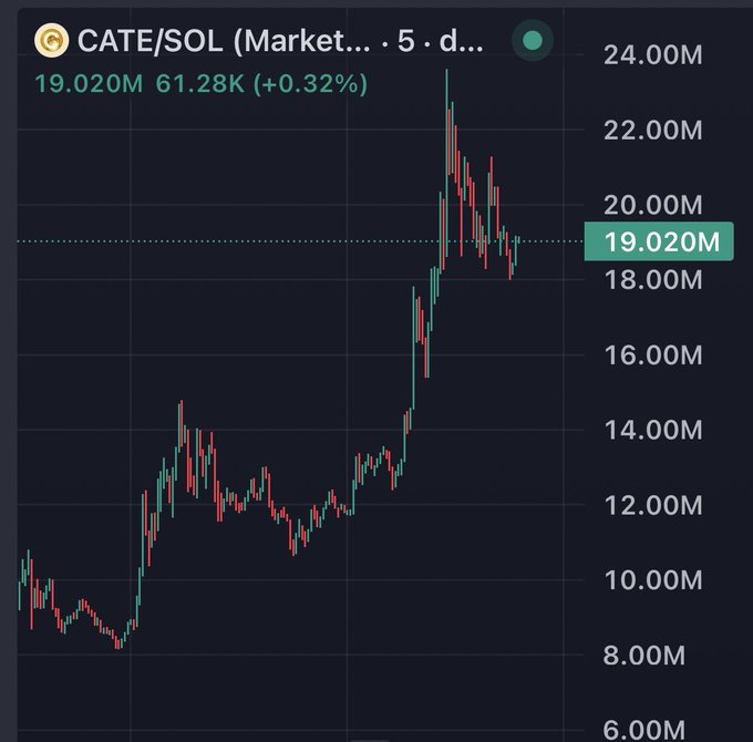 A candlestick chart showing CATE/SOL token price at 19.020M, up 0.32%, with a significant upward trend on a 5-day timeframe.