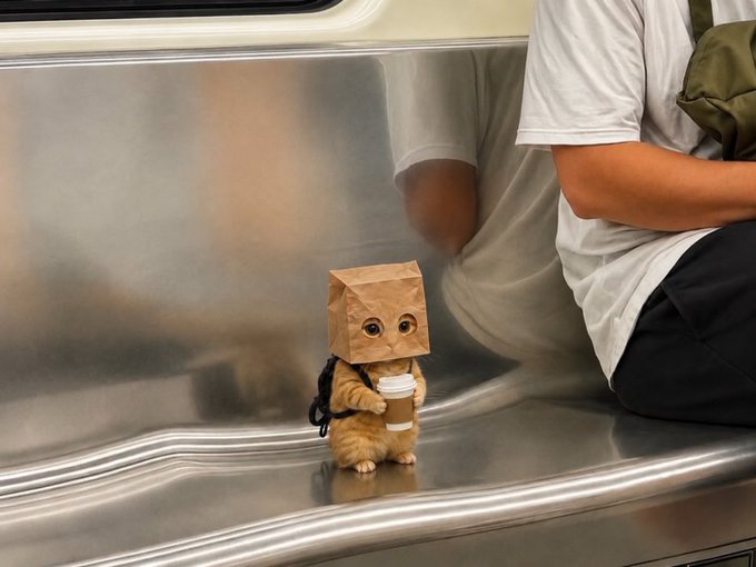 A small orange cat wearing a brown paper bag on its head sits on a subway seat holding a tiny coffee cup, next to a passenger in a white shirt.