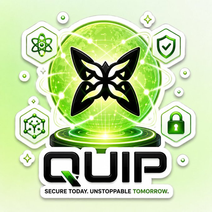 Digital logo featuring a butterfly emblem on a glowing green globe, surrounded by security and science icons, with the text "QUIP - SECURE TODAY. UNSTOPPABLE TOMORROW."