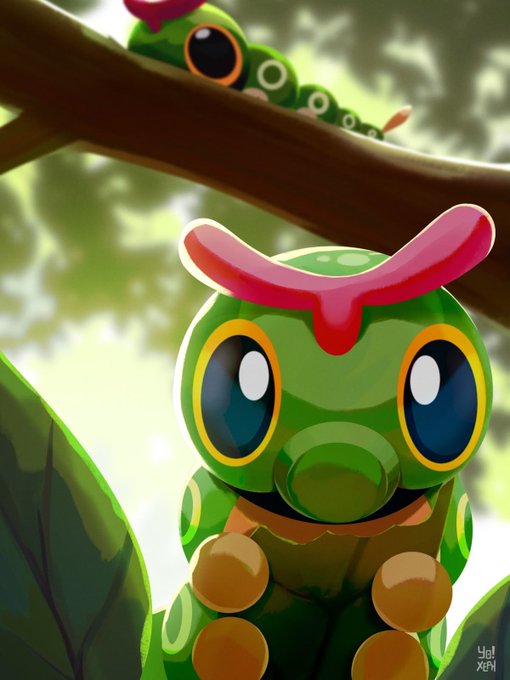 A vibrant digital illustration of a cute green caterpillar-like Pokémon (Caterpie) with big blue eyes and a red Y-shaped antenna, sitting on a branch with another caterpillar visible above.