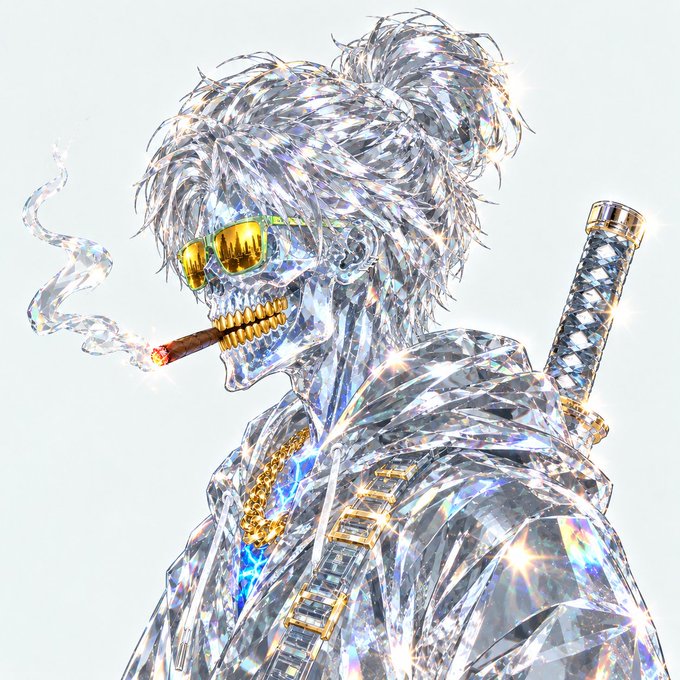 A digital artwork depicting a crystalline skeleton figure with sparkling diamond-like textures, wearing yellow sunglasses, gold chains, and smoking a cigar, with a sword on its back.