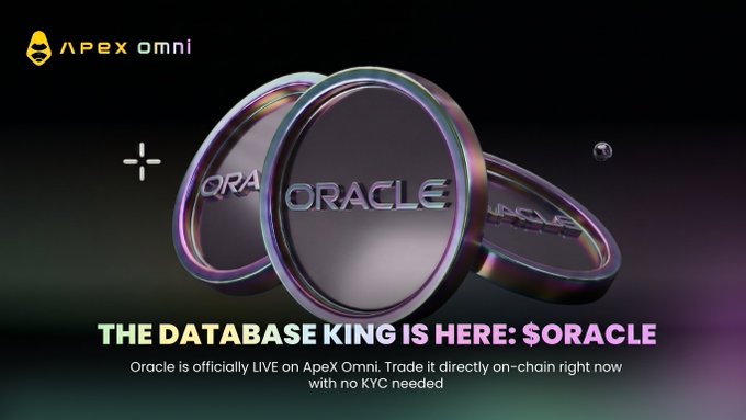 A promotional banner for APEX Omni announcing that $ORACLE is live on their platform, featuring 3D rendered discs with the word 'ORACLE' on them and the tagline 'THE DATABASE KING IS HERE: $ORACLE', noting it can be traded on-chain with no KYC needed.