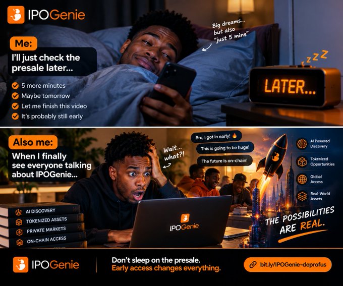 An advertisement for 'IPOGenie' featuring a two-panel meme showing a man procrastinating about a presale vs. realizing everyone got in early, promoting features like AI Discovery and Tokenized Assets.