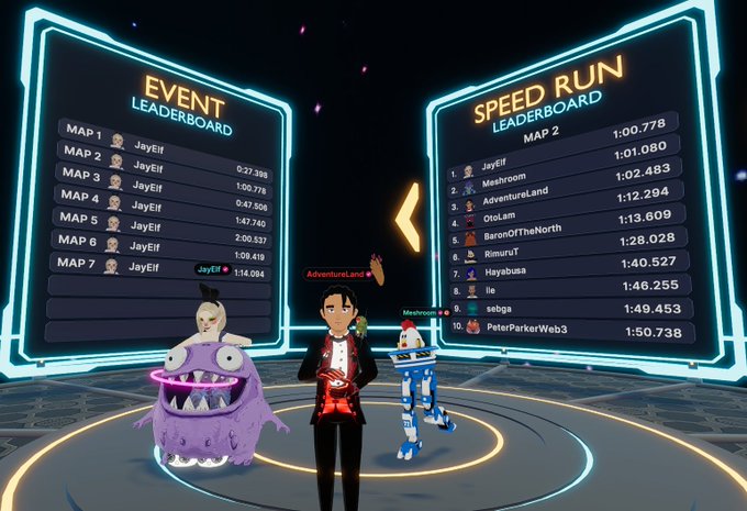 A virtual reality game scene showing avatars standing between glowing leaderboards; the 'EVENT LEADERBOARD' shows 'JayElf' dominating all maps, while the 'SPEED RUN LEADERBOARD' for Map 2 is topped by 'JayElf' at 1:00.778.