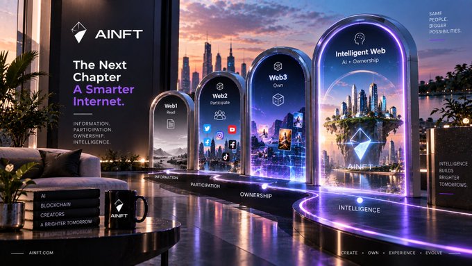 The image showcases AINFT's "The Next Chapter: A Smarter Internet," depicting the evolution of the web through four illuminated archways labeled Web1 (Information), Web2 (Participation), Web3 (Ownership), and the AI-driven Intelligent Web, building on the post's narrative about adding intelligence to create, own, and experience a brighter tomorrow.