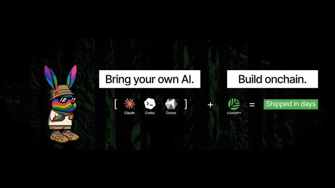 The image features a cartoon rabbit wearing sunglasses and holding a book titled "Build your own AI" with a green background. The text above the rabbit reads "Build your own AI", while below the rabbit there are three different icons representing the concepts of building, chained, and built in days.