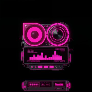 A neon pink and black digital illustration of a retro boombox with speakers, an equalizer, and a cassette tape glows against a dark background.