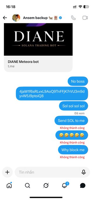A Facebook Messenger chat screenshot with "DIANE Solana Trading Bot" featuring Vietnamese text exchanges including "Đã xem," "Sol sol sol sol," and "Không thành công" (failed transfer attempts).