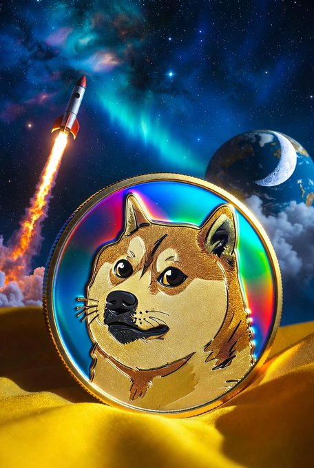 A commemorative Dogecoin ($DOGE) coin featuring the iconic Shiba Inu dog stands prominently in a desert landscape as a rocket launches into a cosmic, aurora-filled sky toward a distant planet, symbolizing the cryptocurrency's "to the moon" aspirations and community-driven momentum.
