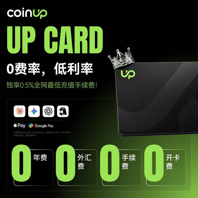 The image features an advertisement for a coinup card that offers various benefits such as lower costs, no local exchange fees, no foreign currency exchange fees, 0 annual fees, and a top-up fee of 0. The card is designed to provide users with a seamless global spending experience by eliminating the need for additional fees or exchanges when making purchases online.