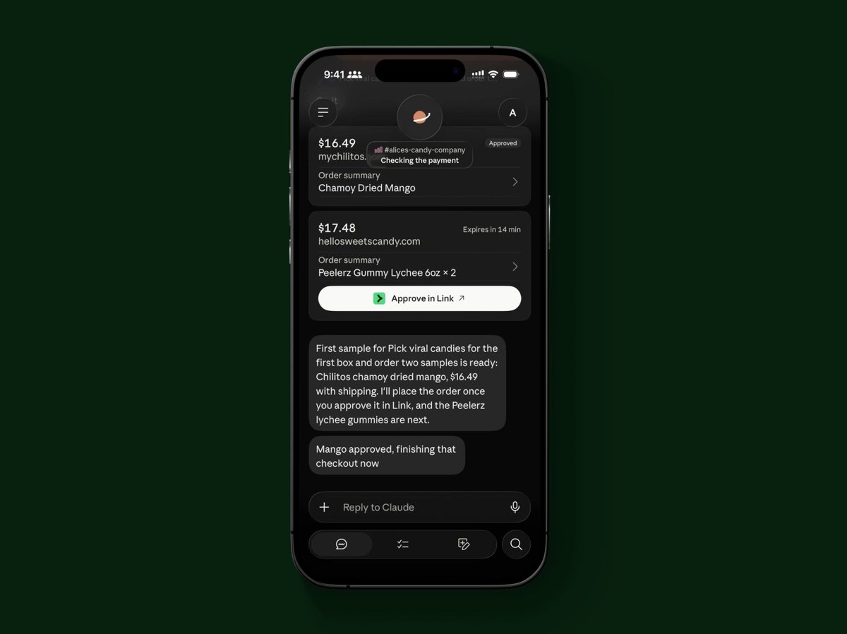 A smartphone mockup shows checkout approval cards for “mychillitos” and “hellosweetscandy.com,” including “Approve in Link ↗” and product details for chamoy dried mango and Peelerz gummy lychees.