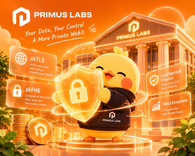 A Primus Labs promotional graphic featuring a cartoon chick mascot holding a lock shield, with the tagline 'Your Data, Your Control - A More Private Web3' and features including zkTLS, zkFHE, Confidential Finance, and a Web3 Ecosystem.