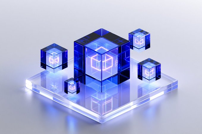 A 3D rendered image of translucent blue cubes stacked on a glowing platform, with neon-lit cube outlines visible inside each block.