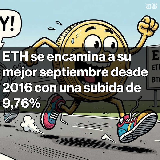 A cartoon illustration of a running gold coin character wearing sneakers, accompanied by Spanish text stating "ETH se encamina a su mejor septiembre desde 2016 con una subida de 9,76%," indicating Ethereum's price rise.