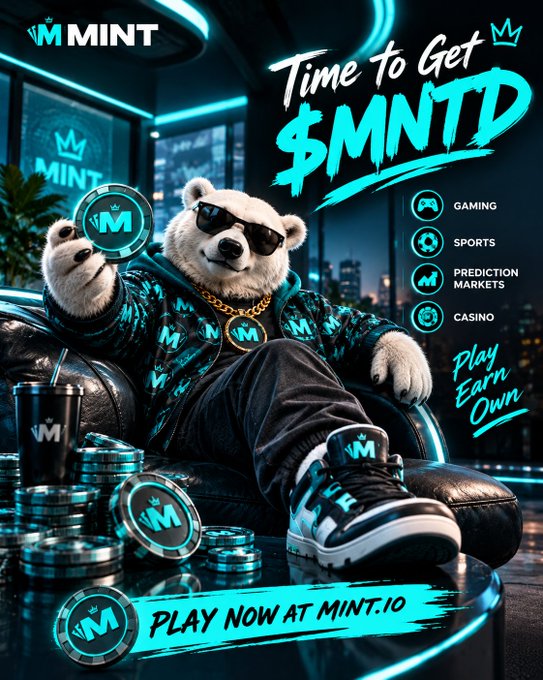A promotional advertisement for $MNTD/MINT featuring a bear mascot in sunglasses with text 'Time to Get $MNTD' and listing Gaming, Sports, Prediction Markets, and Casino categories, directing users to MINT.IO.
