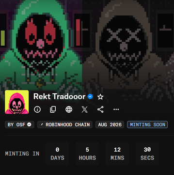 The image displays an NFT minting page for "Rekt Tradooor" by OSF on Robinhood Chain, with a mint countdown showing 0 days, 5 hours, 12 minutes, and 30 seconds until launch in August 2026. The post promotes this project alongside "Weirdos Art" by @0xmj_ and @chaorld_nft, highlighting both as hyped mints launching today with supply and price details.