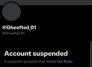 A screenshot of an X account suspension notice for @Gheefed_01, reading 'Account suspended. X suspends accounts that violate Our Rules.'
