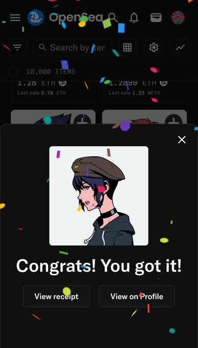 A user celebrates purchasing an Azuki NFT, with the image showing OpenSea's "Congrats! You got it!" confirmation popup featuring an anime-style female character wearing a beret and hoodie, directly reflecting the poster's enthusiasm for the artwork's gorgeous aesthetic.