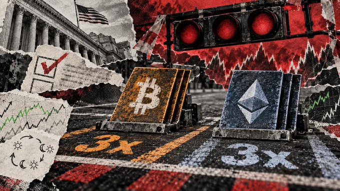 A collage-style image features Bitcoin (B) and Ethereum logos on pedestals at a traffic light with red signals, displaying "3x" on the road, a chart, a government building with a flag, and falling red market indicators.