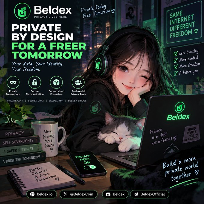 A Beldex cryptocurrency promotional graphic featuring an anime-style girl with headphones and a sleeping kitten, promoting 'PRIVATE BY DESIGN FOR A FREER TOMORROW' with features like Private Transactions, Secure Communication, and Decentralized Ecosystem.