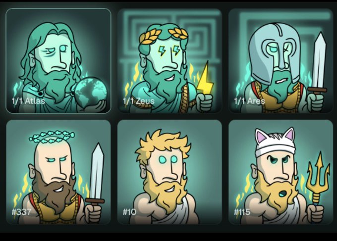 A grid of six cartoon-style NFT character icons depicting Greek gods and warriors, including 1/1 Atlas, 1/1 Zeus, 1/1 Ares, #337, #10, and #15, each rendered with teal skin tones and various accessories like swords and tridents.